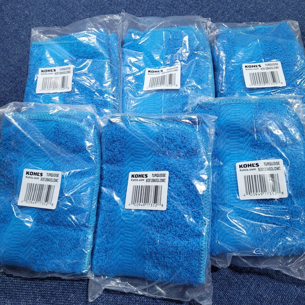 Kohl's Turquoise Bath Towels Set of 6 New Solid Textured Cotton 13"×13"